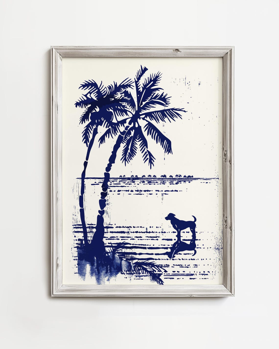 Dog Silhouette Under Palm Trees Navy Blue Tropical Beach Art Poster