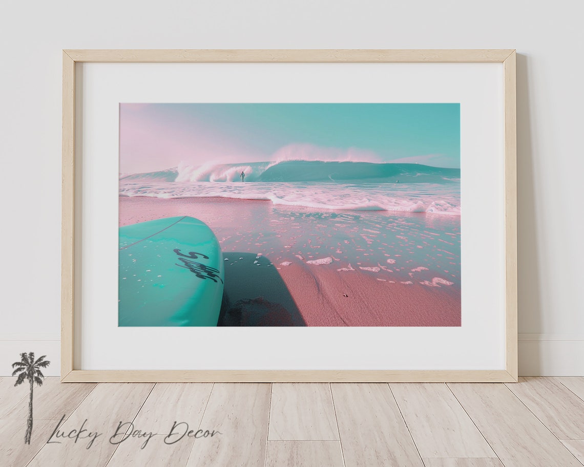 Teal Surfboard Close Up Surfer Riding Big Wave Pastel Beach Poster