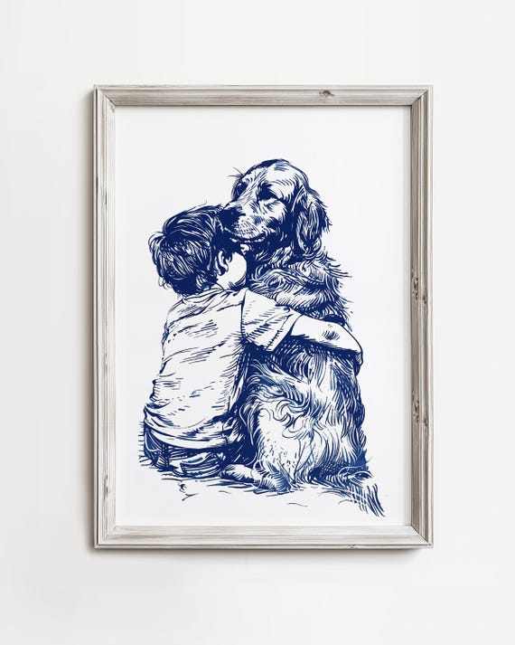 Boy Hugs His Golden Retriever Nursery Art Print