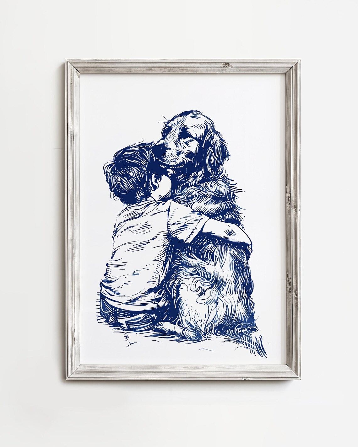 Boy Hugs His Golden Retriever Nursery Art Print
