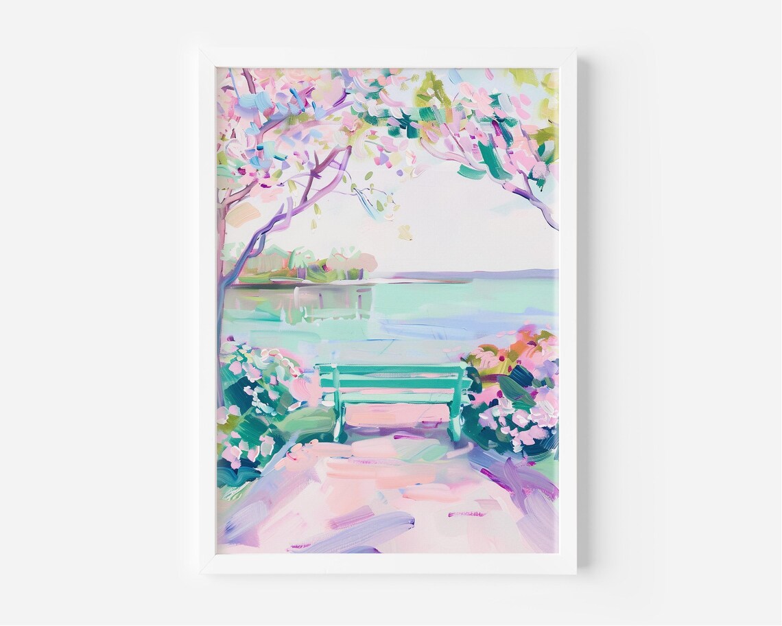 Dreamy Pastel Park Bench by Blossom Lake Pink Blossom Art Poster
