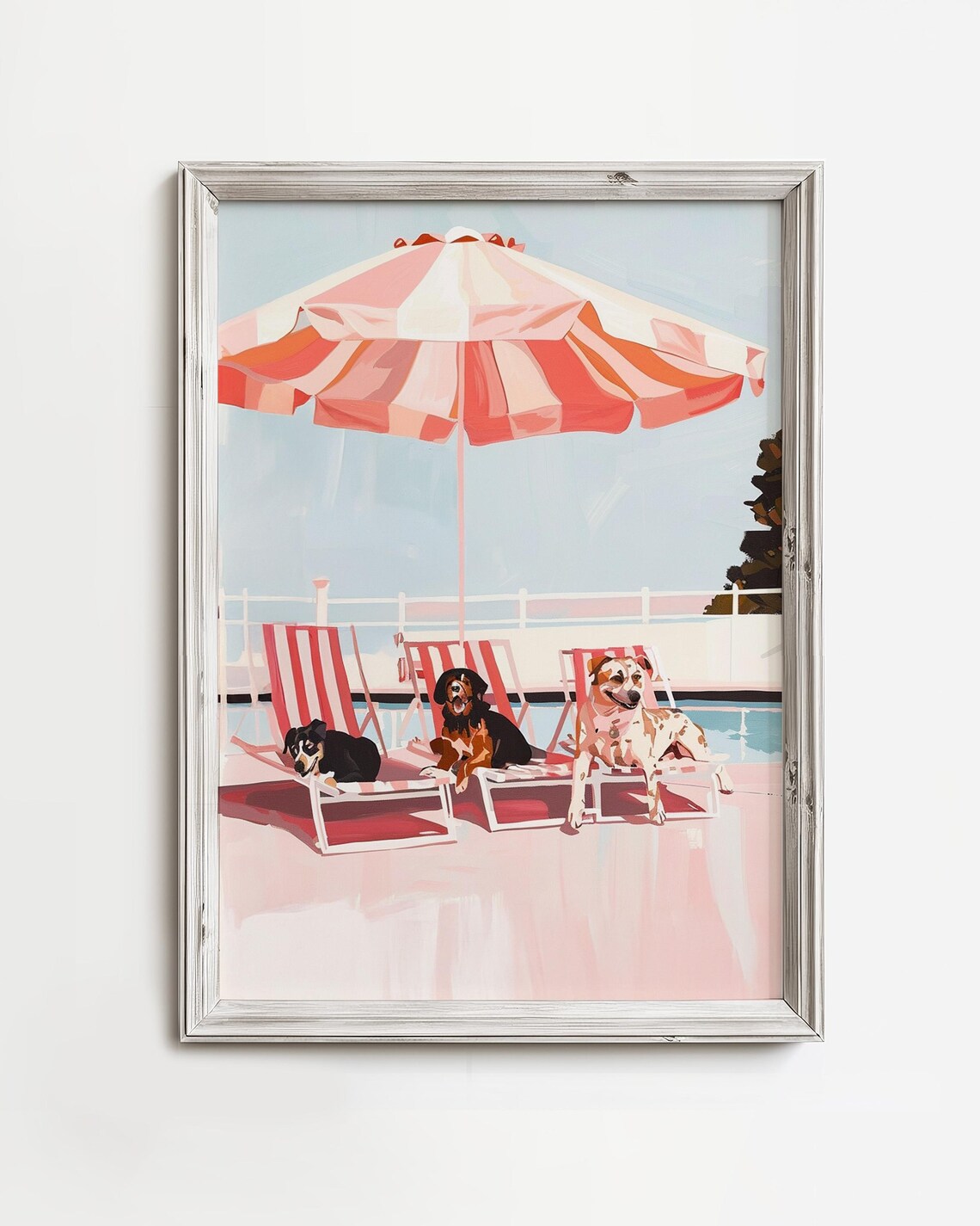 Three Dogs Poolside Pink Umbrella Summer Vacation Art Poster