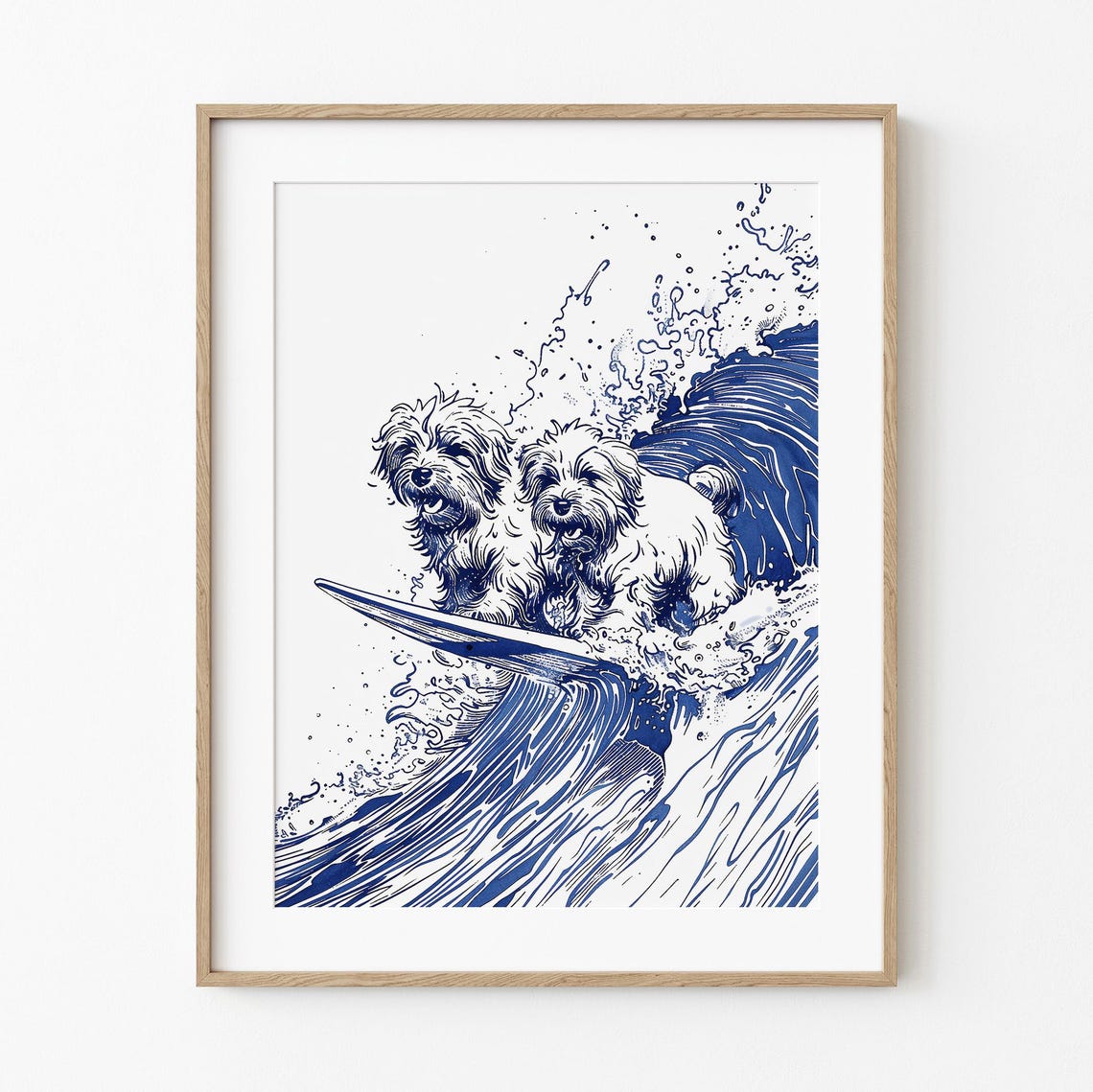 Two Shih Tzus Surfing Big Wave Blue Ink Sketch Beach Dog Art Poster