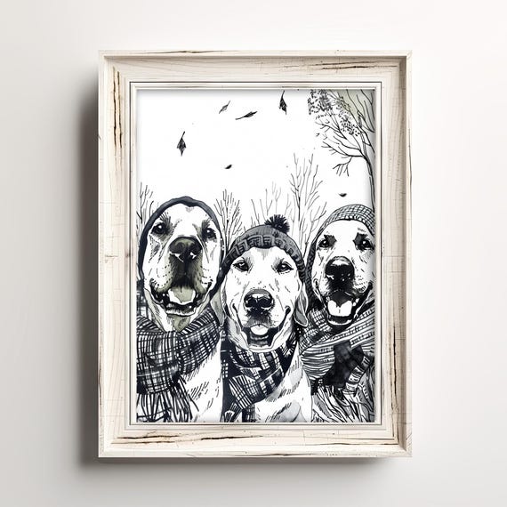 Bundled Up Dogs Cute Cozy Fall Dog Sketch Art Winter Cold Weather Lovers Print Autumn Season Wall Decor Dark Brown