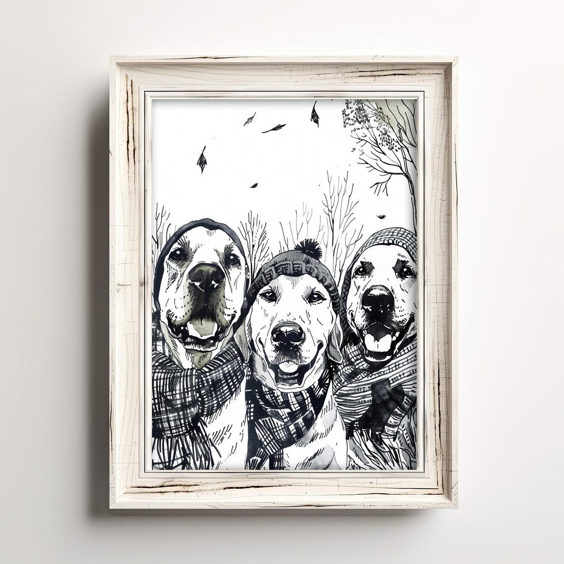 Three Happy Dogs Wearing Winter Hats and Scarves Sketch Poster
