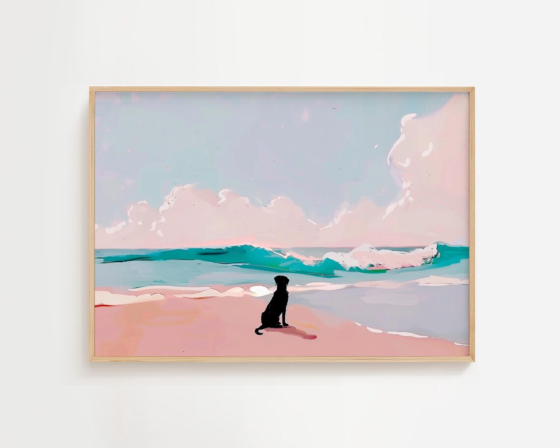Dog Watches Surf, Dreamy Coastal Animal Art Print