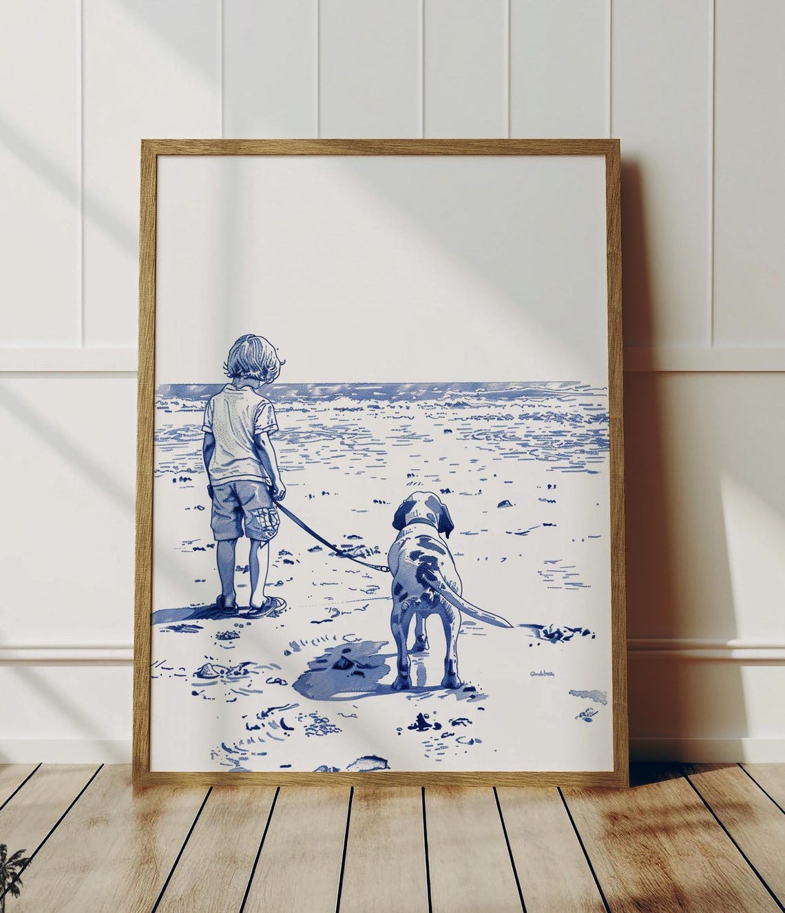 Boy Walking His Dalmatian on the Beach Blue Ink Sketch Poster