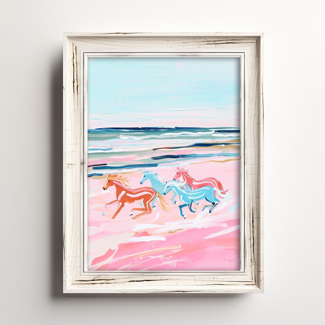 Colorful Unicorns Running Pastel Pink Beach Magical Fantasy Art Poster