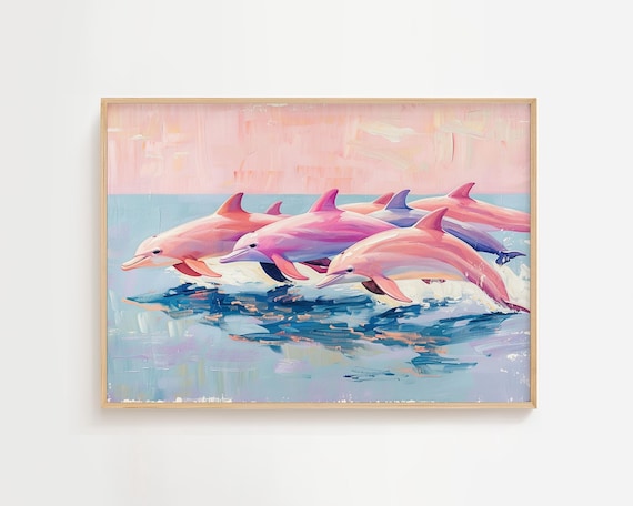 Pink Dolphins Leaping Ocean Waves Dreamy Pastel Painting Poster