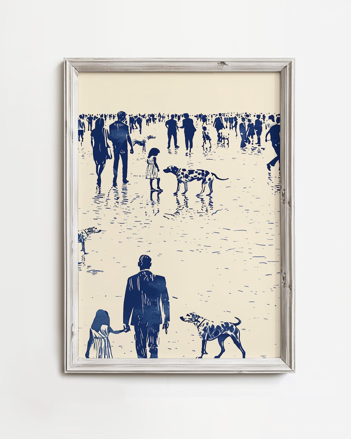 Navy Blue Beach Day Crowd With Dogs Vintage Style Art Poster
