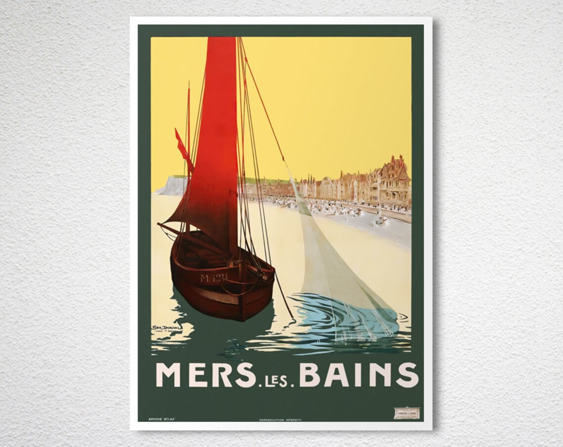 Mers les Bains Vintage French Seaside Sailboat Red Sail Travel Poster - Image 2