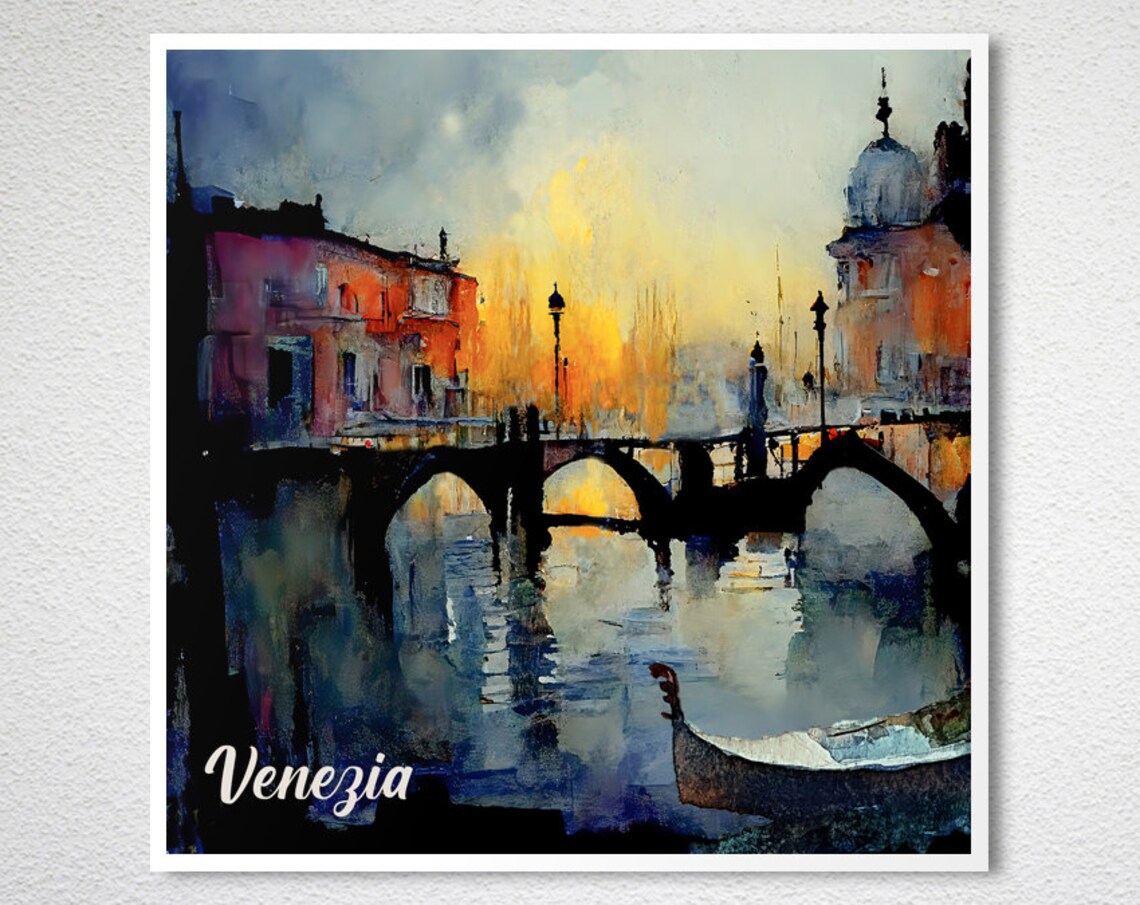 Venezia Italy Canal Bridge Gondola Sunset Watercolor Art Poster - Image 2