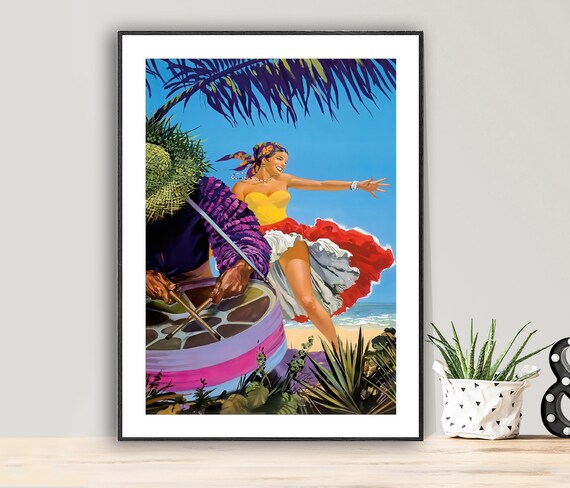 Caribbean Steel Drum Dancer Vintage Tropical Beach Music Poster