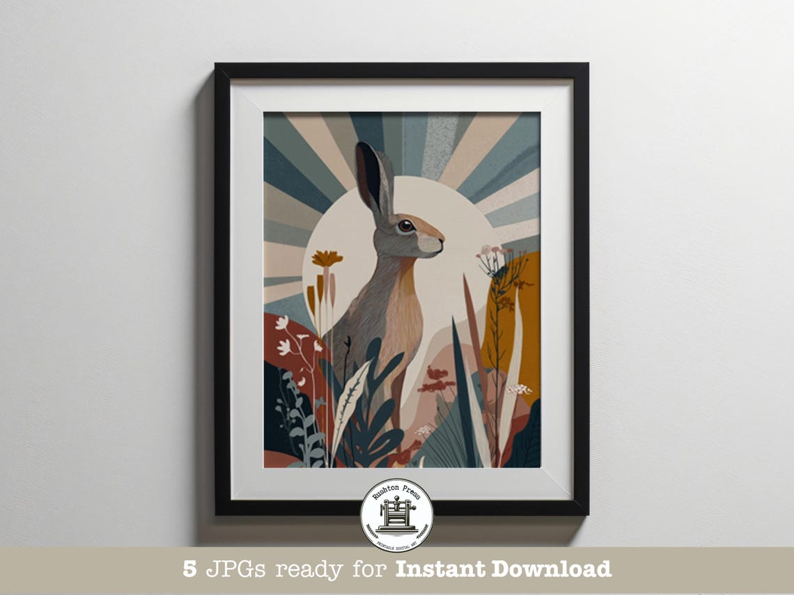 Retro Midcentury Modern Hare Wildflower Meadow Sunburst Wall Art