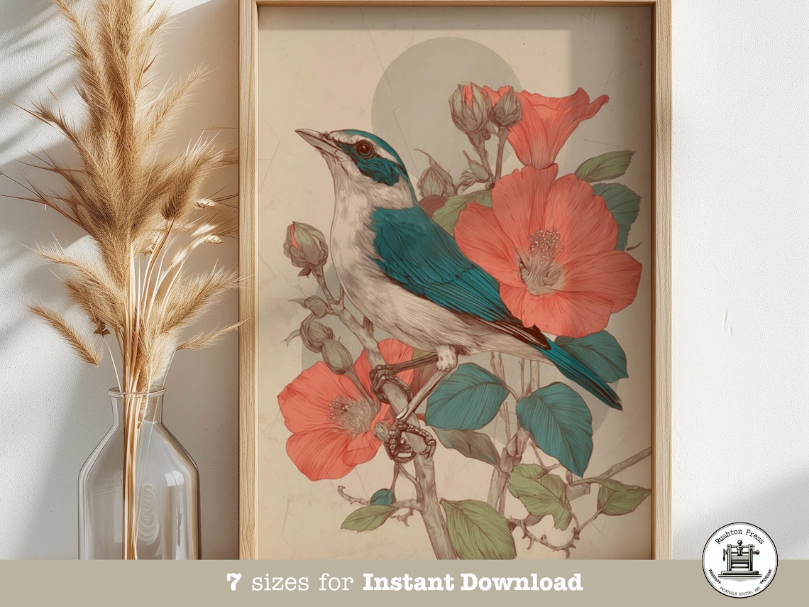 Vintage Botanical Bird Print Teal Songbird Coral Poppies