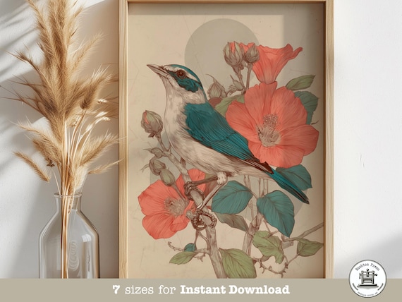 Vintage Botanical Bird Print Teal Songbird Coral Poppies