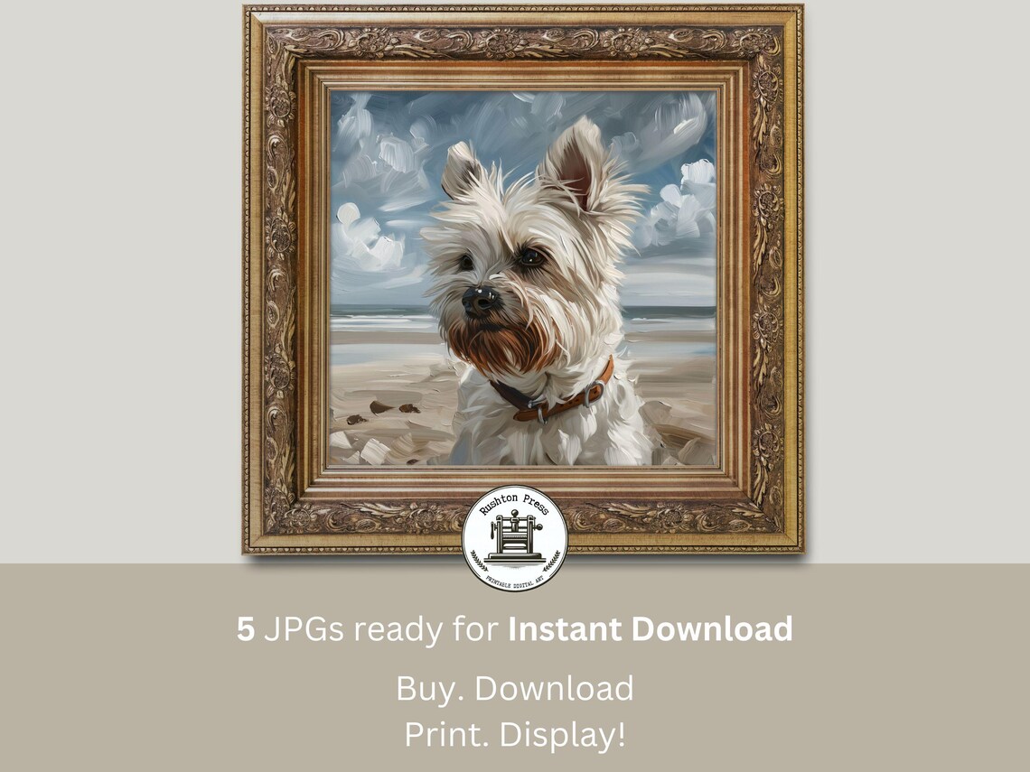 West Highland Terrier Beach Day Vintage Oil Painting Cute Dog Portrait Poster