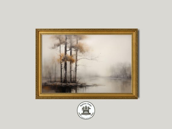 Vintage Lakeside Forest Painting Moody Landscape Art