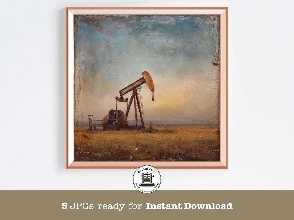 Rusty Oil Pump Jack In A Golden Field At Dusk Art Photo Print
