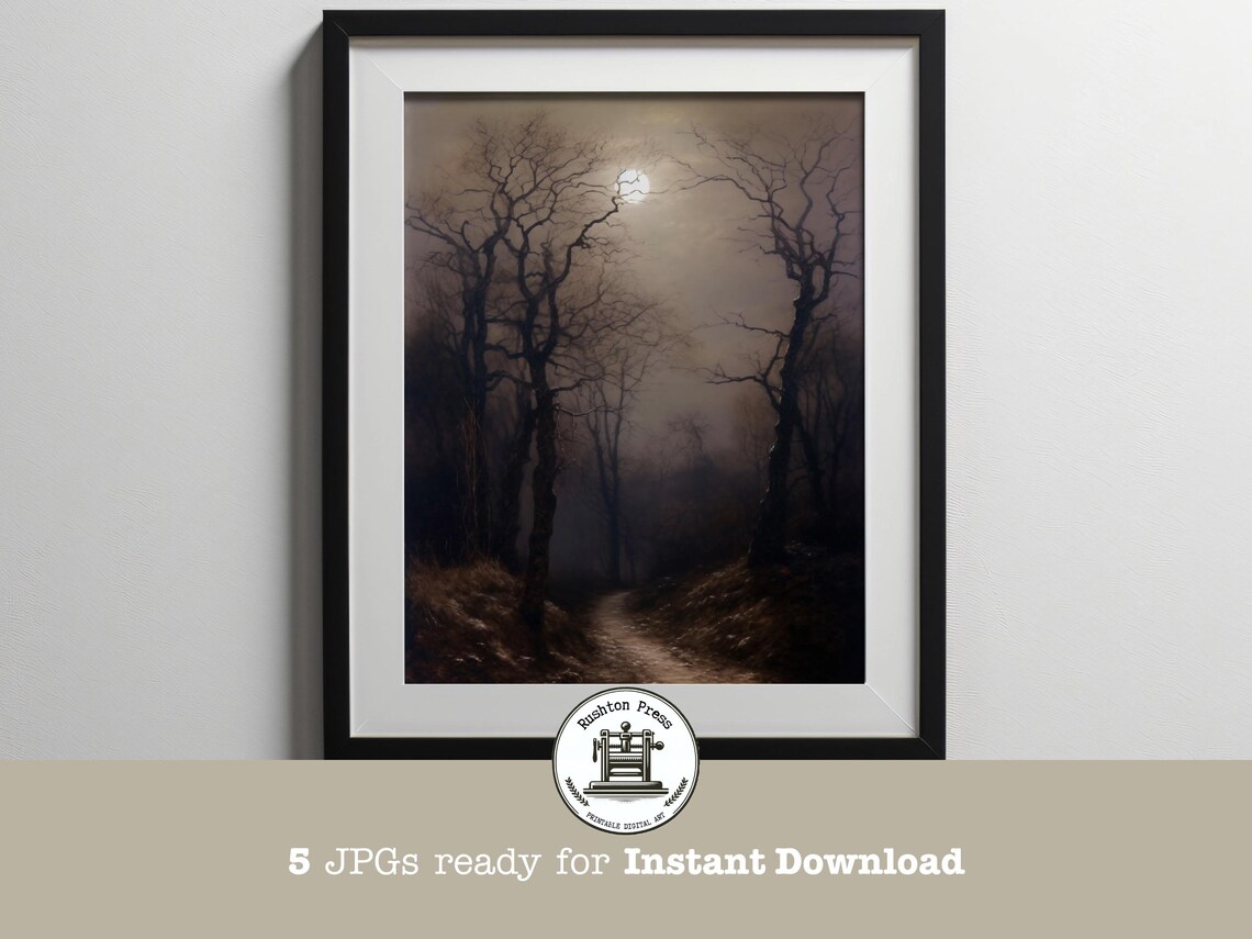 Moonlit Dark Forest Path Bare Trees Gothic Moody Halloween Landscape Poster