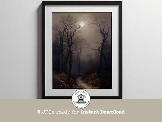 Vintage Forest Oil Painting Moody Dark Academia Landscape