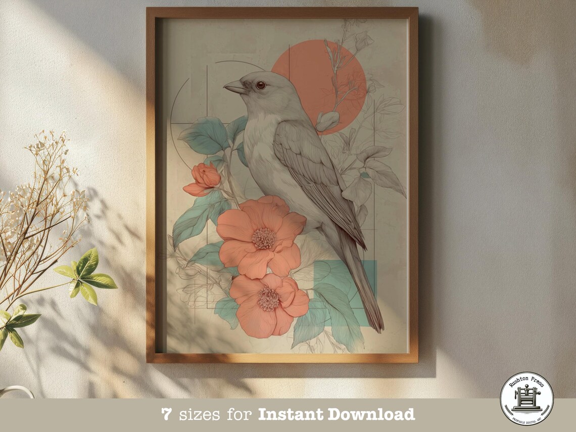 Botanical Bird Print, Vintage Coral Poppy Art