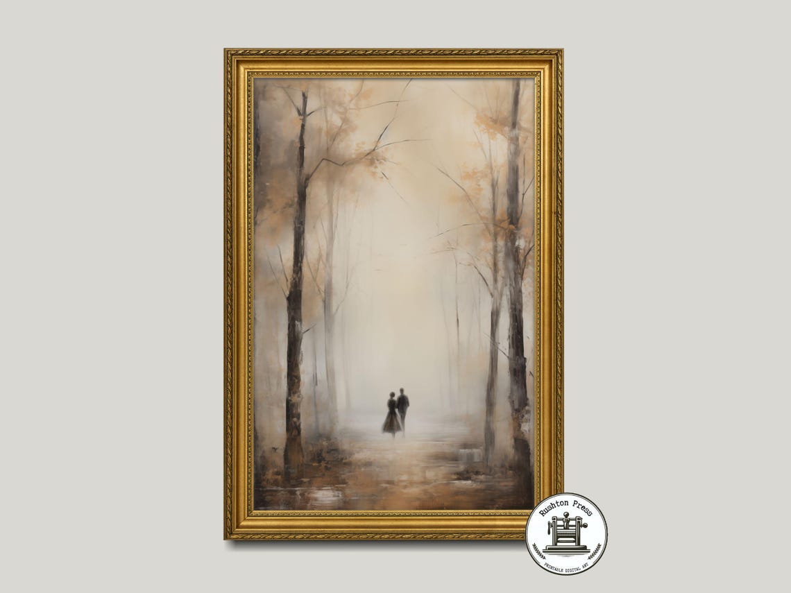 Romantic Couple Walking in Misty Autumn Forest Foggy Path Poster