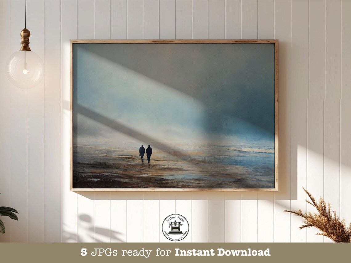 Misty Beach Couple Walking Foggy Seascape Minimalist Art Poster