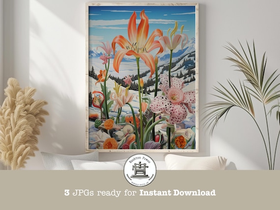 Surrealist Floral Art Print Spring Flowers On Snowy Hill