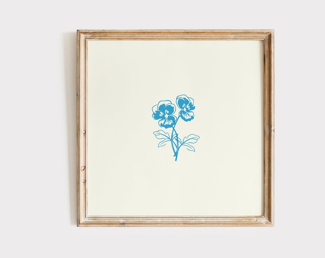Blue Pansy Line Drawing Minimalist Botanical Square Art Poster