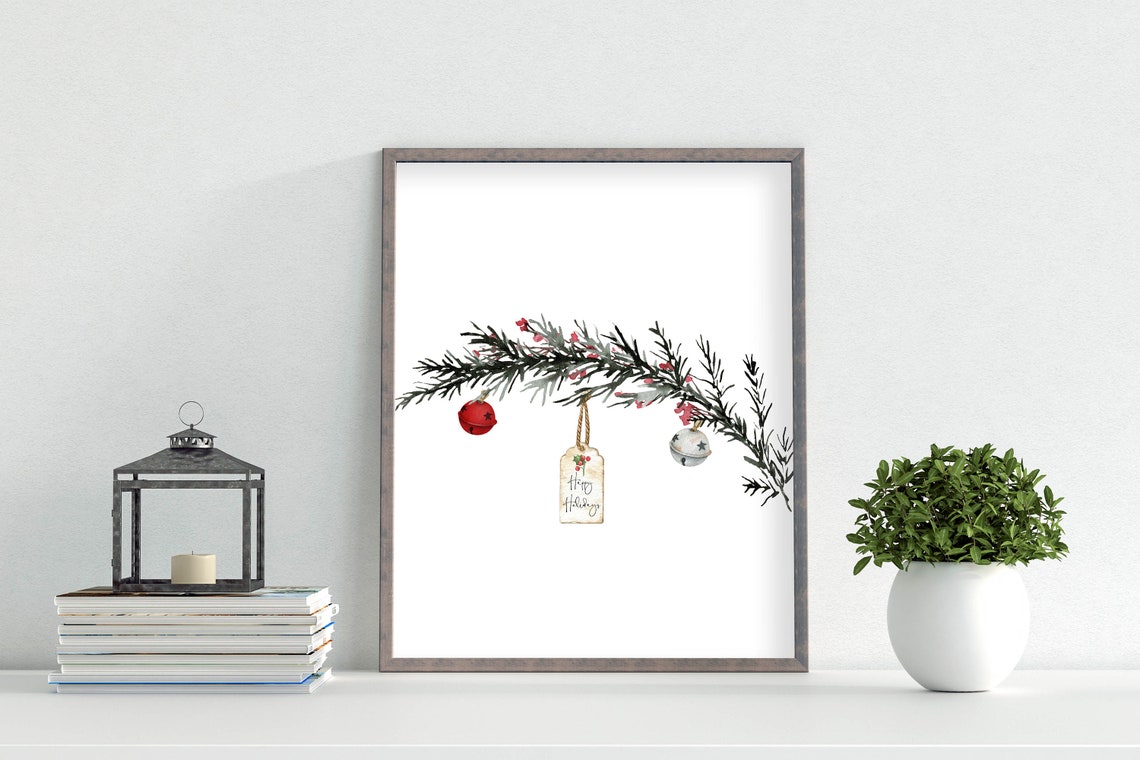 Happy Holidays Evergreen Branch Tag And Bells Christmas Poster - Image 2