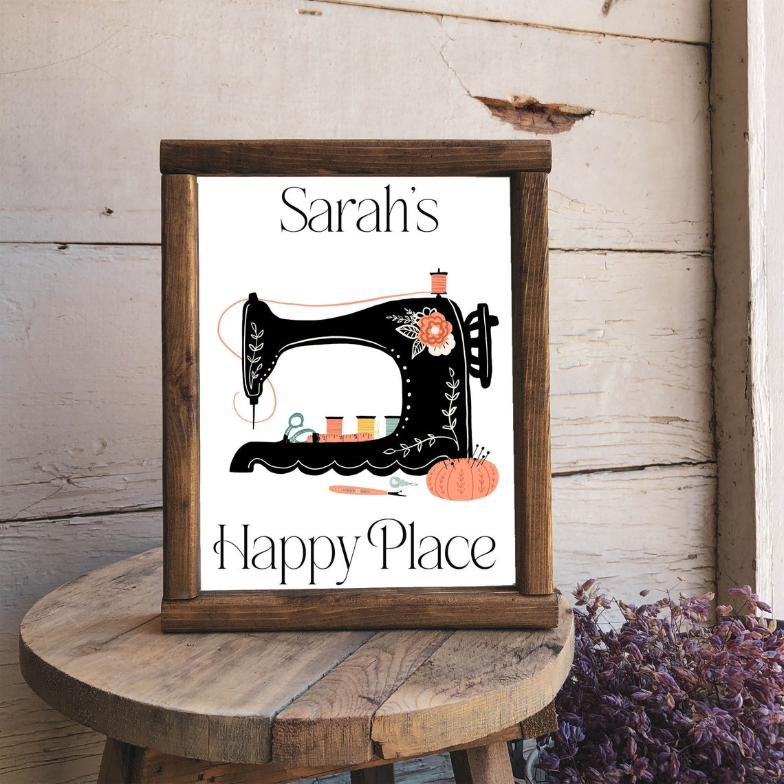 Personalized Happy Place Name Black Floral Sewing Machine Sign Poster - Image 3