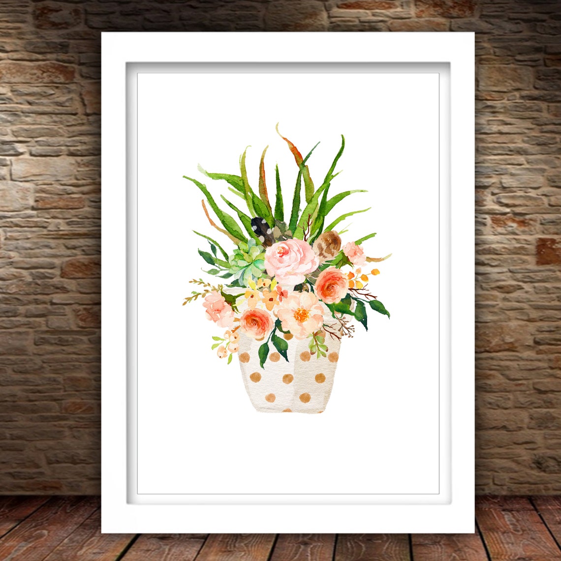 Blush Roses Watercolor Bouquet In Polka Dot Pot Floral Art Poster - Image 2