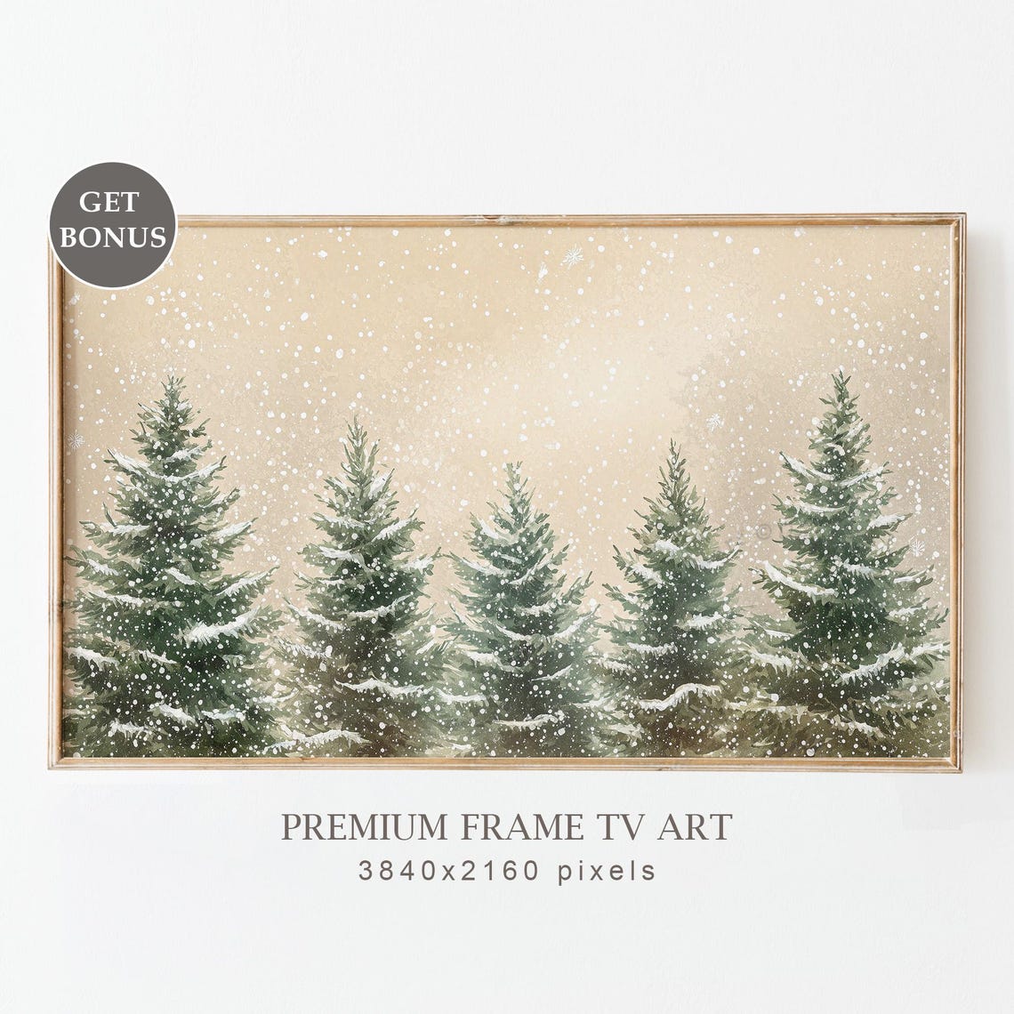 Snowy Evergreen Trees Row Falling Snow Beige Sky Christmas Poster