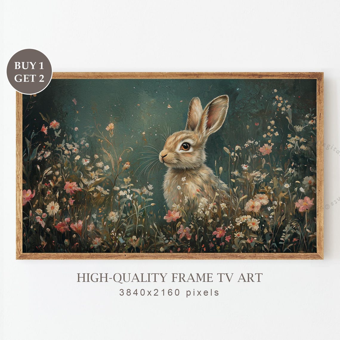 Dark Easter Frame Tv Art Moody Bunny Painting Antique Green Spring Decor Floral Rabbit Vintage