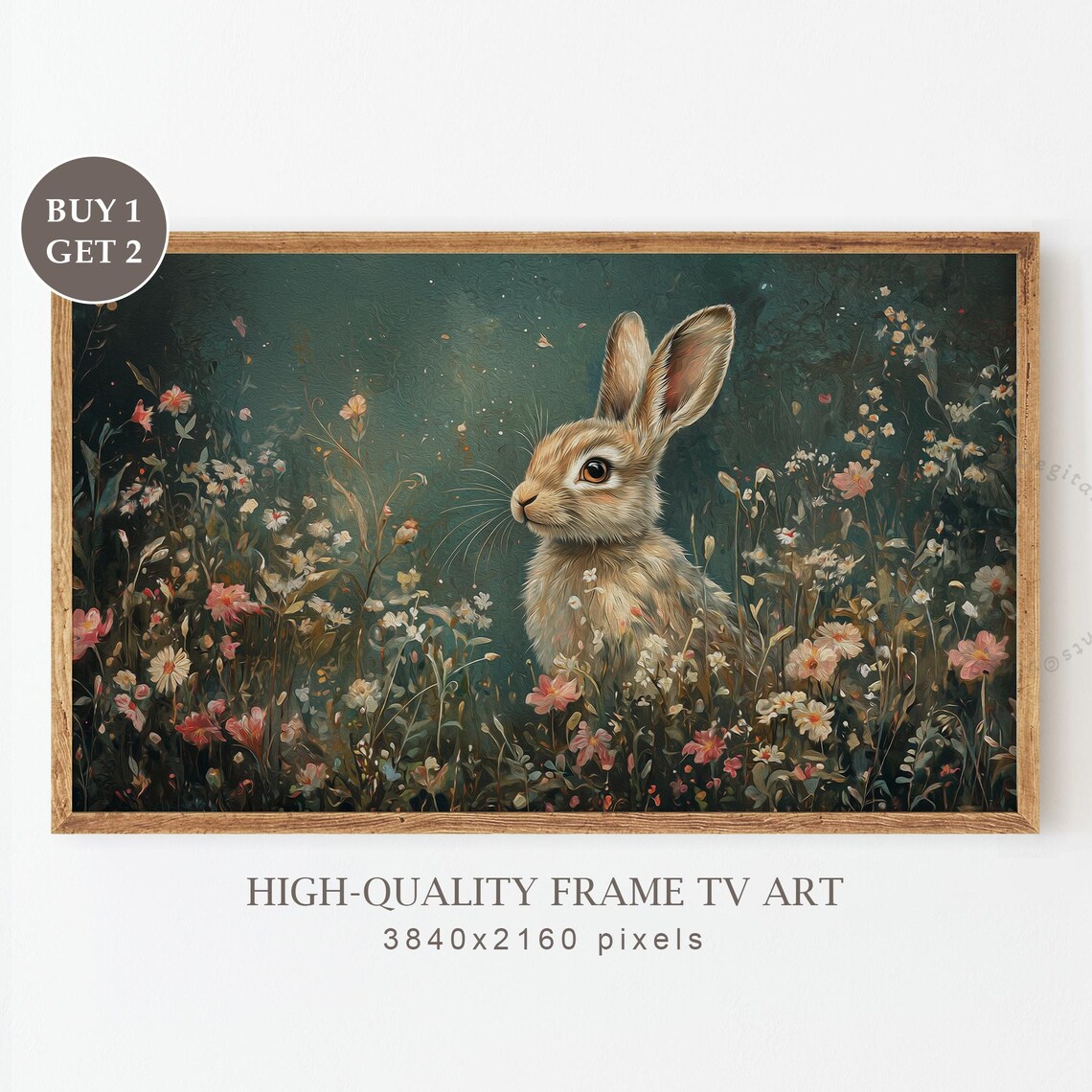 Dark Moody Bunny Sitting In Wildflowers Floral Rabbit Art Print