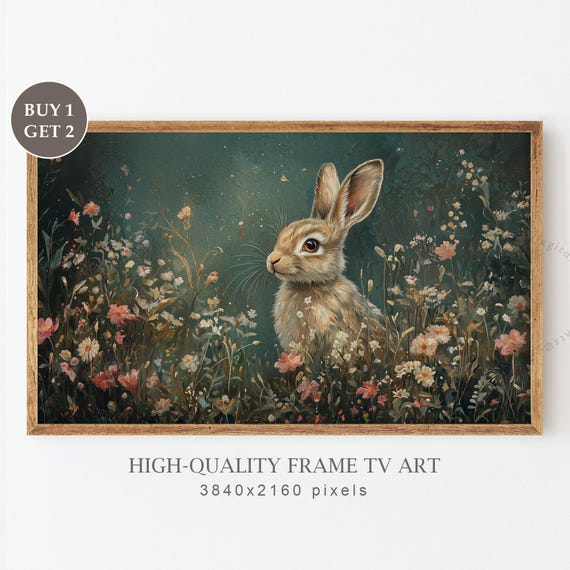 Dark Easter Frame Tv Art Moody Bunny Painting Antique Green Spring Decor Floral Rabbit Vintage
