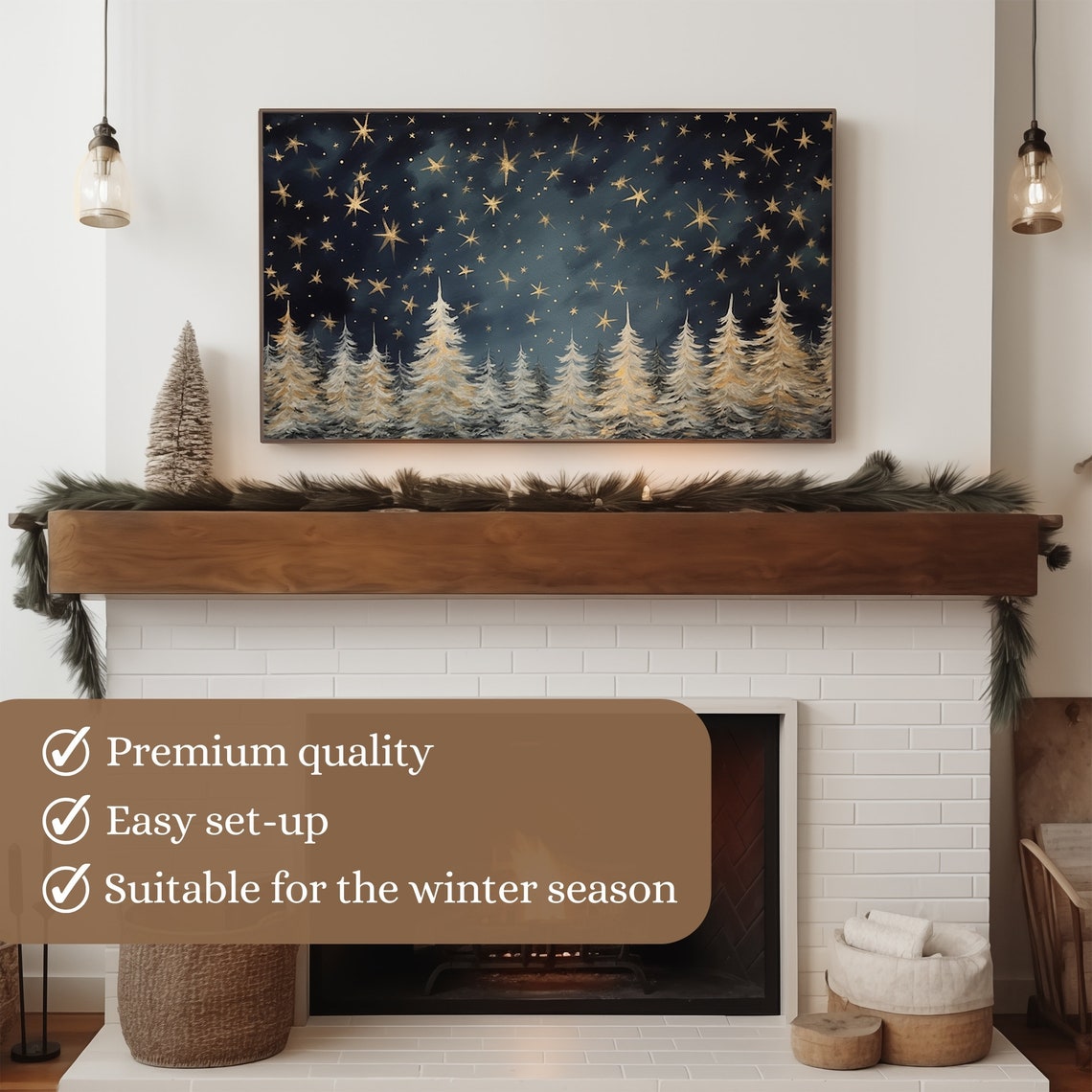 Golden Starry Night Pine Forest Christmas Night Sky Art Poster - Image 3