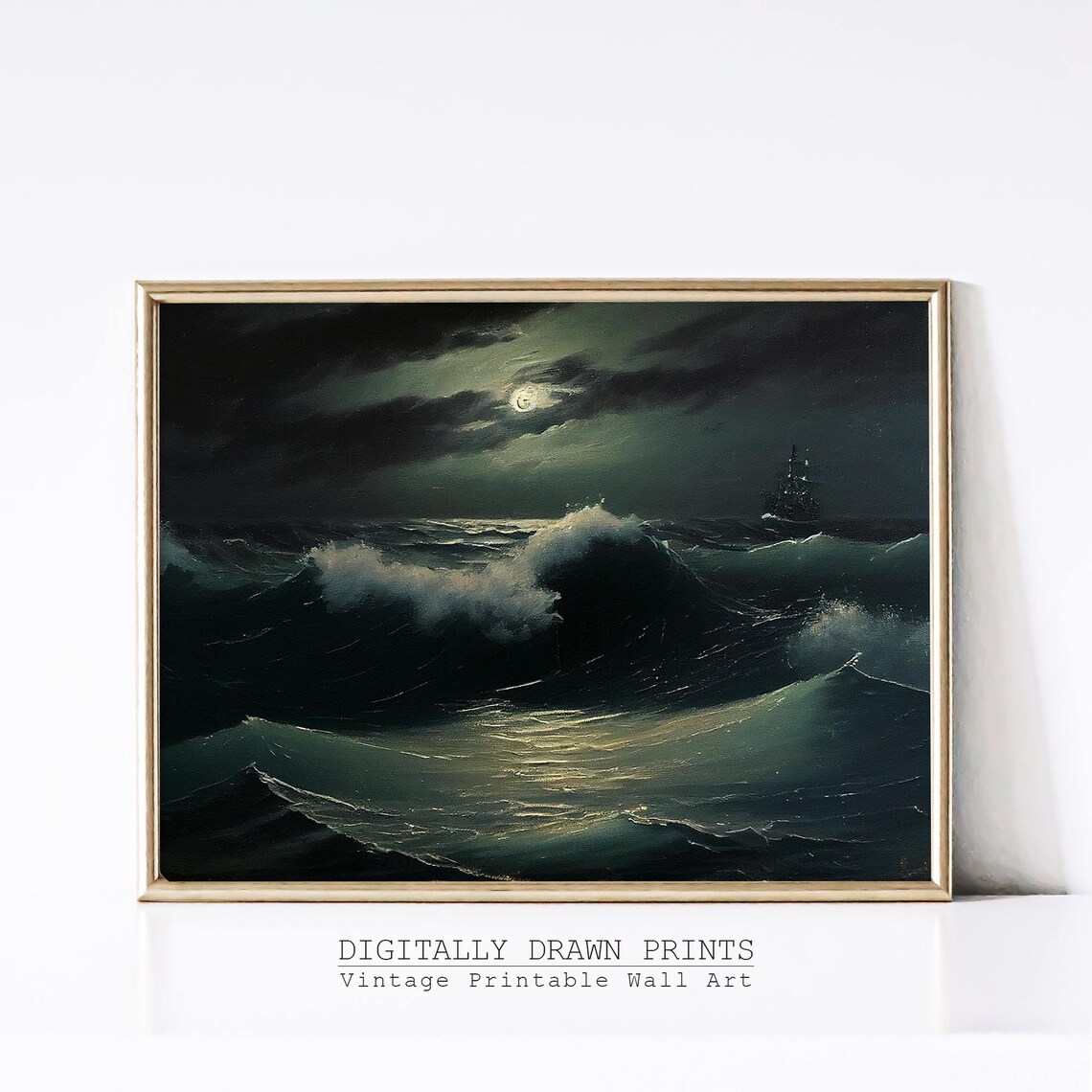 Vintage Moody Coastal Oil Painting, Nautical Print