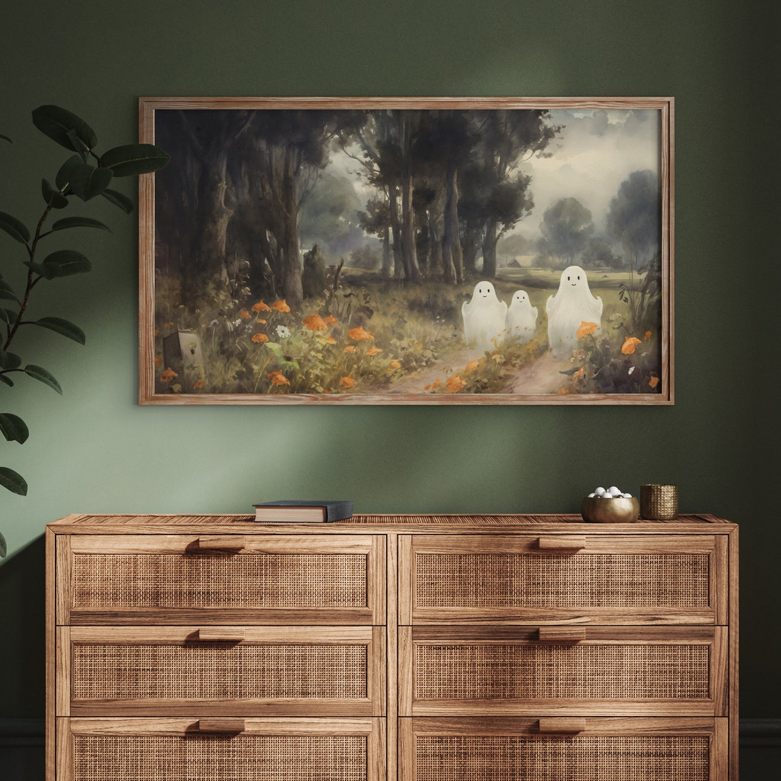Three Cute Ghosts In Haunted Forest Path Spooky Halloween Night Poster - Image 3