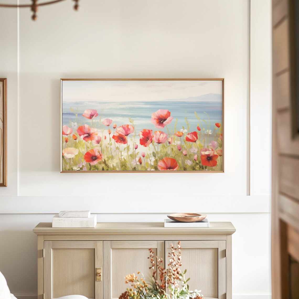 Red Poppy Wildflowers Coastal Field Sea View Floral Oil Poster - Image 4