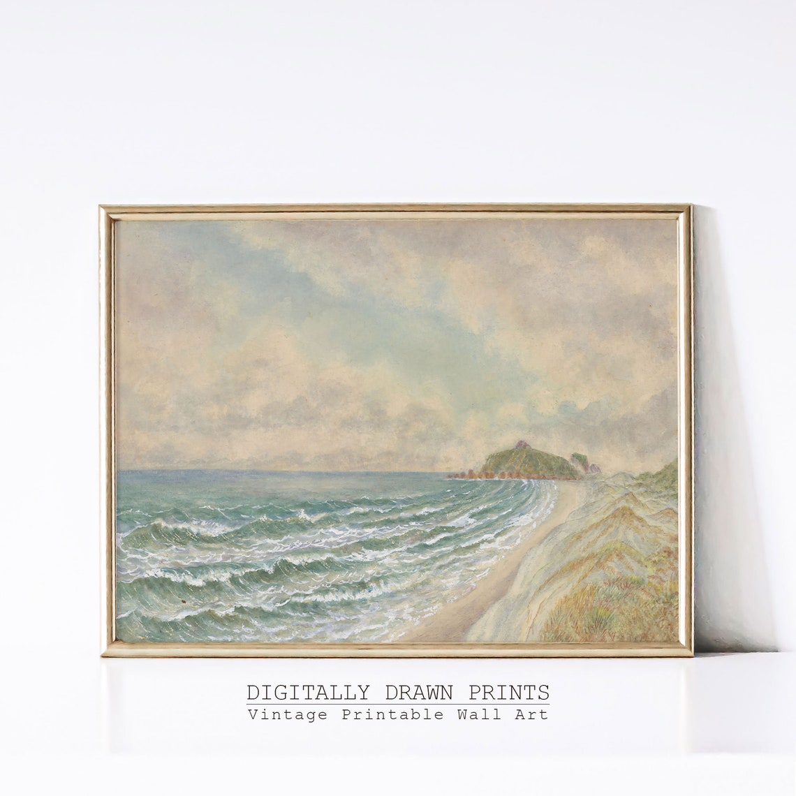 Ocean Waves Sandy Beach Green Headland Vintage Seascape Coastal Poster - Image 3