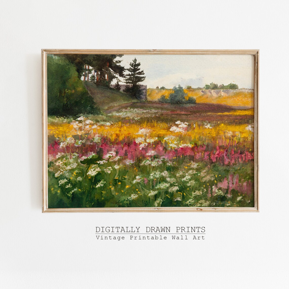 Wildflower Field Landscape, Vintage Mountain Art Print