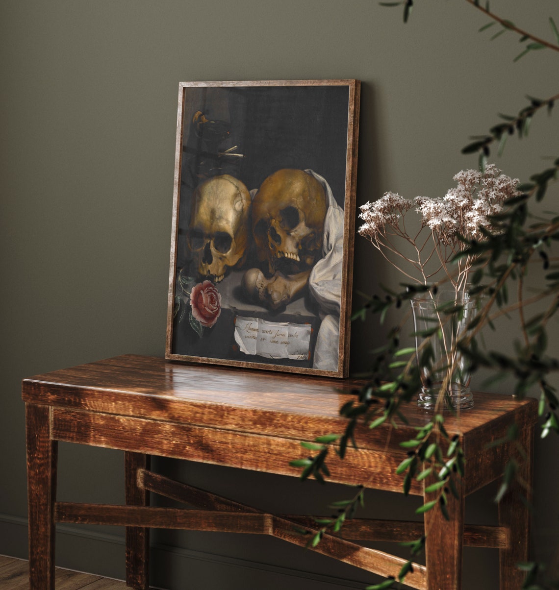 Vanitas Still Life Two Skulls Rose Latin Scroll Dark Gothic Art Print - Image 3