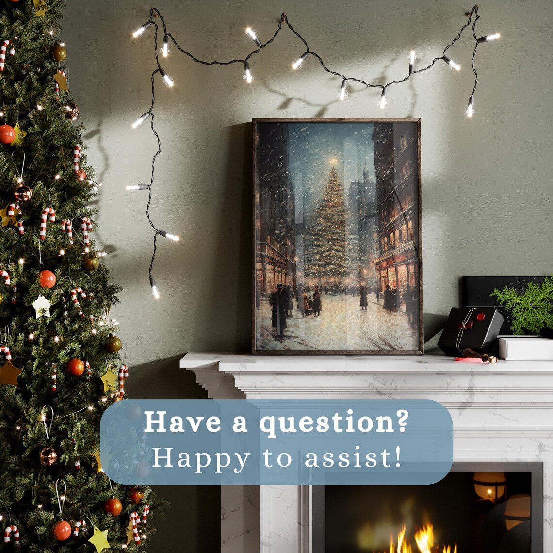 Vintage Christmas City Street Tree Snow Shoppers Golden Lights Poster - Image 3