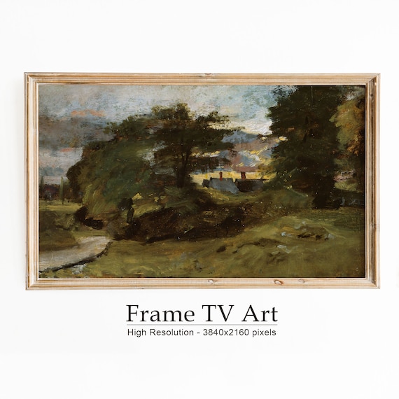 Dark Impressionist Woodland Path Cottages Dusk Glow Vintage Painting Poster