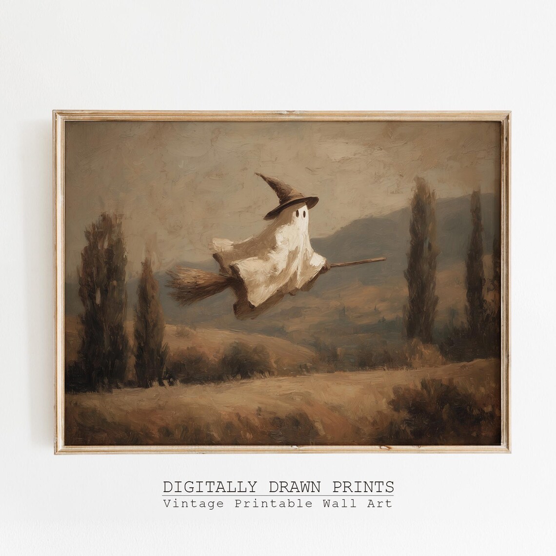 Flying Wall Art Cute Witch Painting Vintage Halloween Decor Spooky Autumn Print