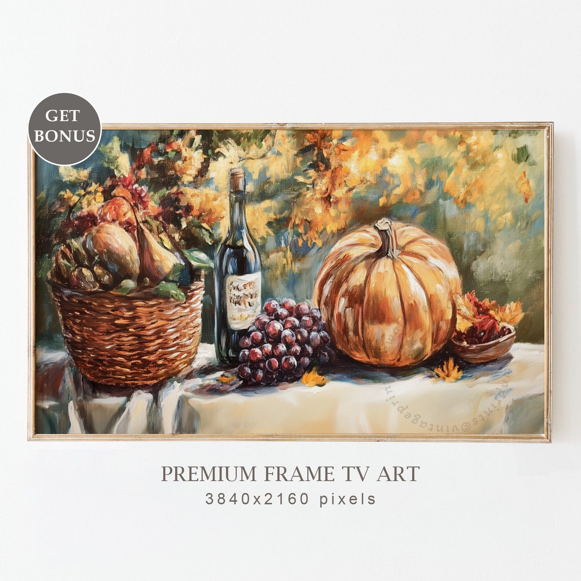 Thanksgiving Harvest Basket Wine Grapes Pumpkin Still Life Poster