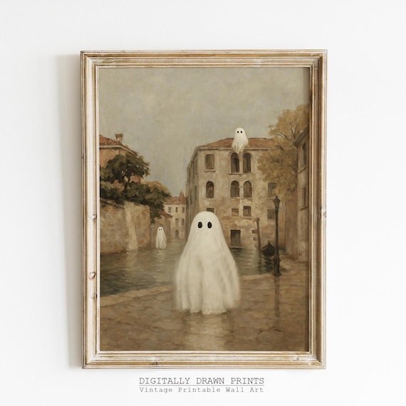 Vintage Wall Art Neutral Halloween Decor Cute Ghosts In The City Muted Autumn Painting Spooky Fall Print