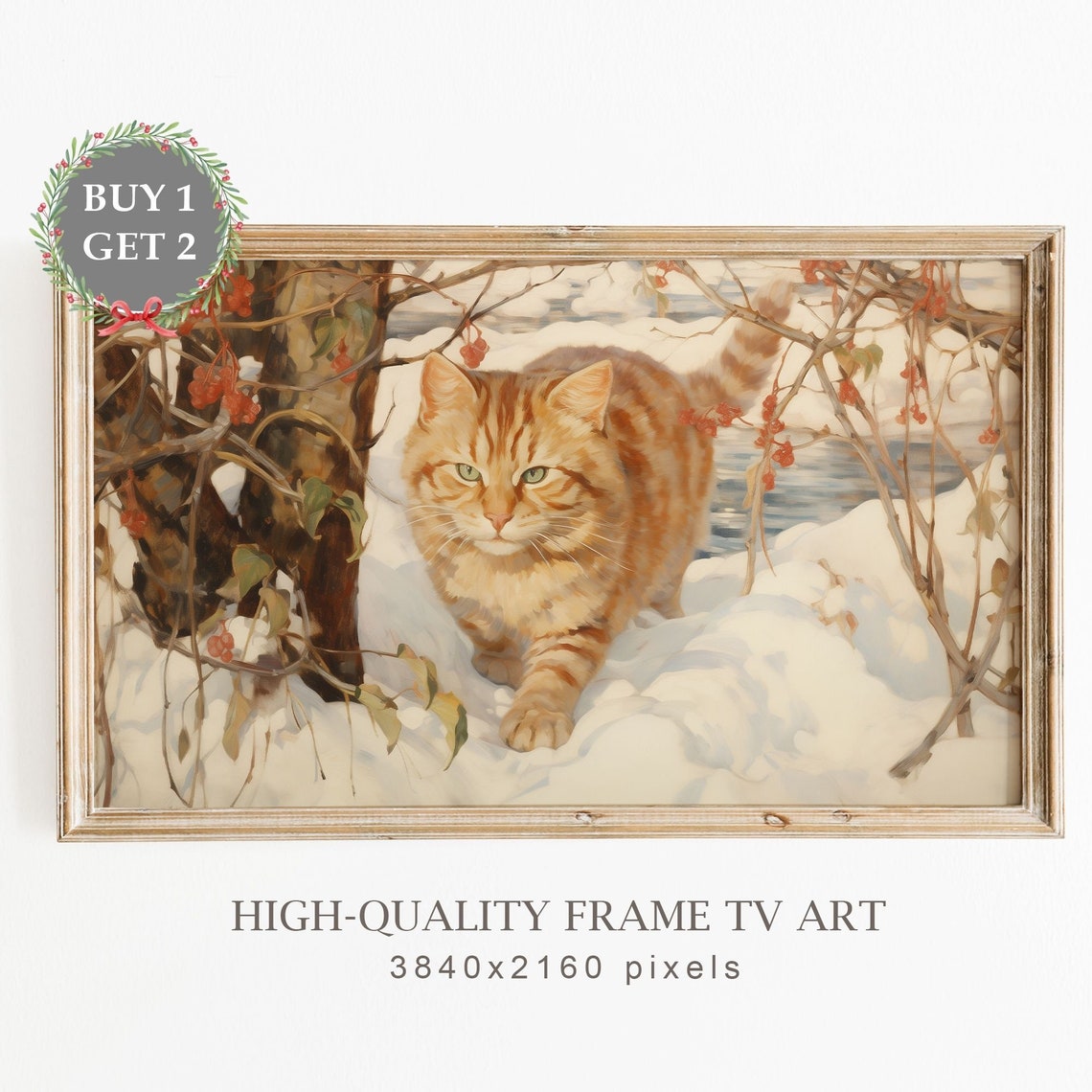Orange Tabby Cat Walking Through Snow Winter Christmas Art Poster